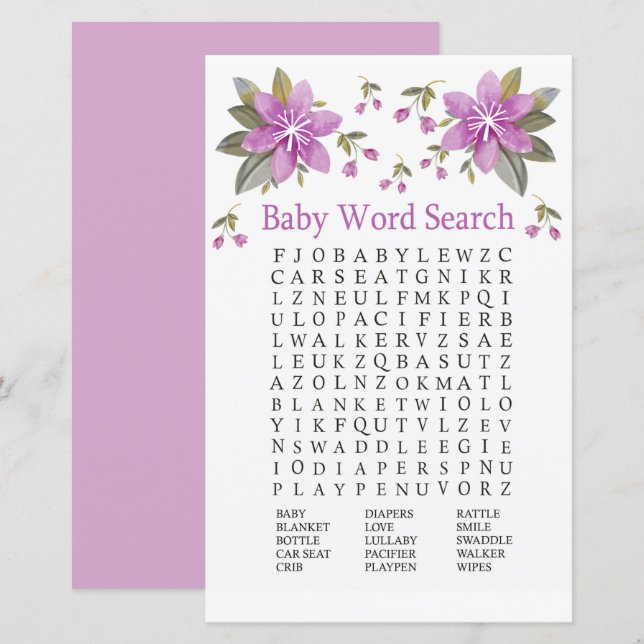 Purple flowers Baby Shower Word Search Game (Front/Back)