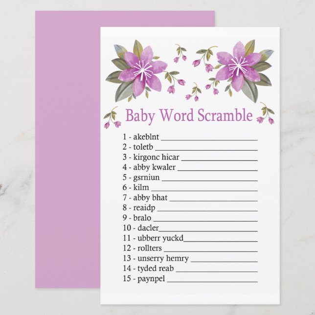 Purple flowers Baby word scramble game (Front/Back)