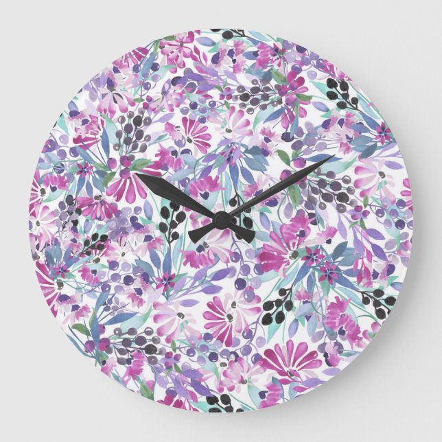 Purple Flowers & Berries: Watercolor Large Clock (Front)