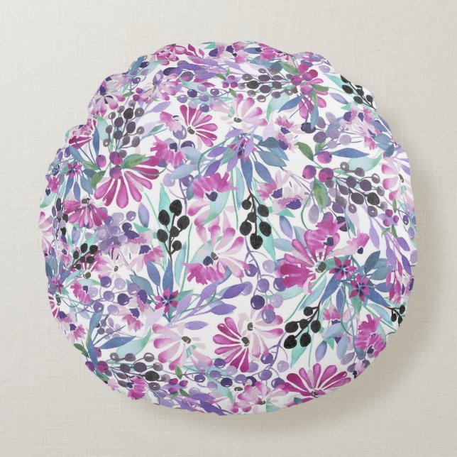 Purple Flowers & Berries: Watercolor Round Pillow (Front)