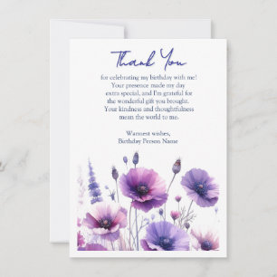 Purple Flowers Birthday Party Thank You Card