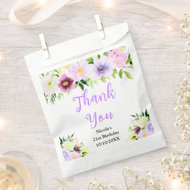 Purple Flowers Birthday Thank You Favor Bag (Clipped)