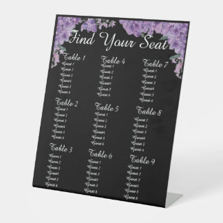Purple Flowers Black Find Your Seat Wedding  Pedestal Sign