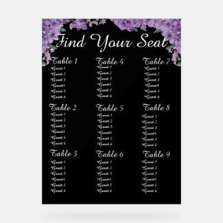 Purple Flowers Black Find Your Seat Wedding Seatin Acrylic Sign