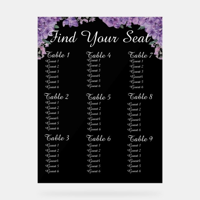 Purple Flowers Black Find Your Seat Wedding Seatin Acrylic Sign (Front)