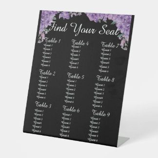 Purple Flowers Black Find Your Seat Wedding Seatin Pedestal Sign