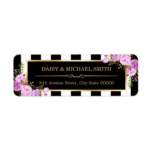 Purple Flowers Black White Stripes Gold Frame Label