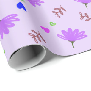 Purple Flowers Blue Hearts Wrapping Paper