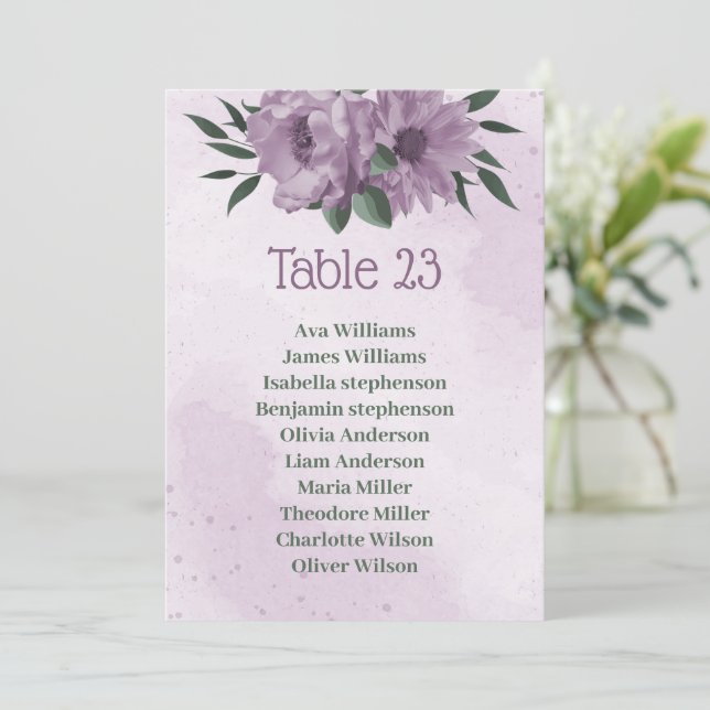 purple flowers botanical seating chart card (Standing Front)