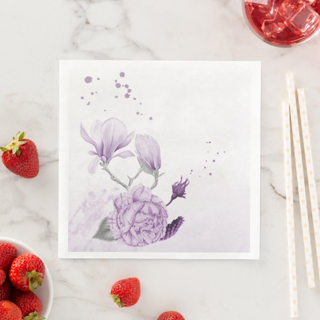 purple flowers botanical wedding paper dinner napkins (Insitu)