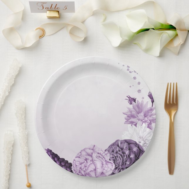 purple flowers botanical wedding paper plates (Wedding)