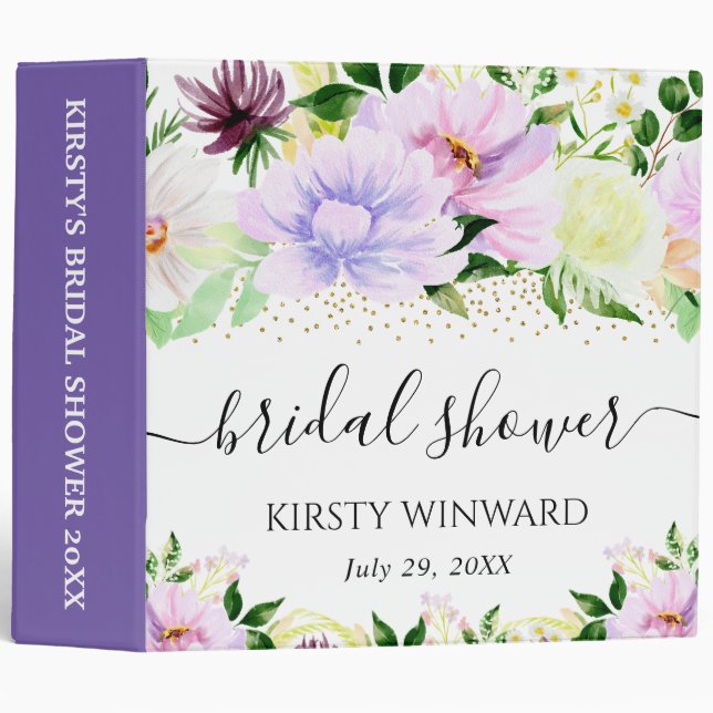 Purple Flowers Bridal Shower Photo Album 3 Ring Binder (Front/Spine)