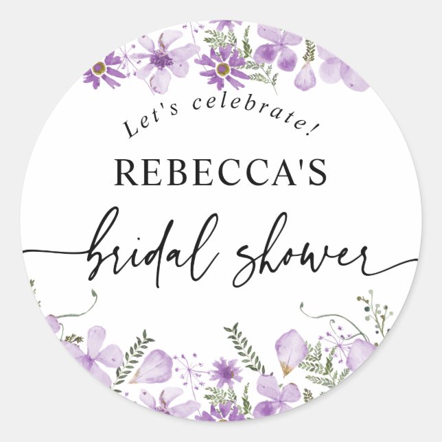 Purple Flowers Bridal Shower Round Envelope Seal (Front)