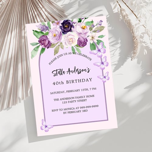 Purple flowers butterflies arch luxury birthday  invitation