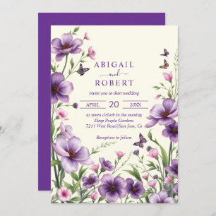 Purple flowers, butterflies, RSVP QR code wedding Invitation
