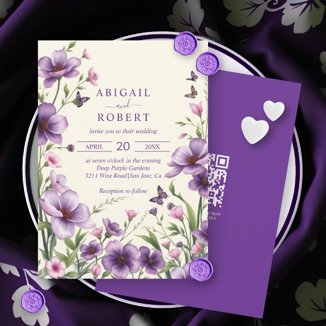 Purple flowers, butterflies, RSVP QR code wedding Invitation (Creator Uploaded)