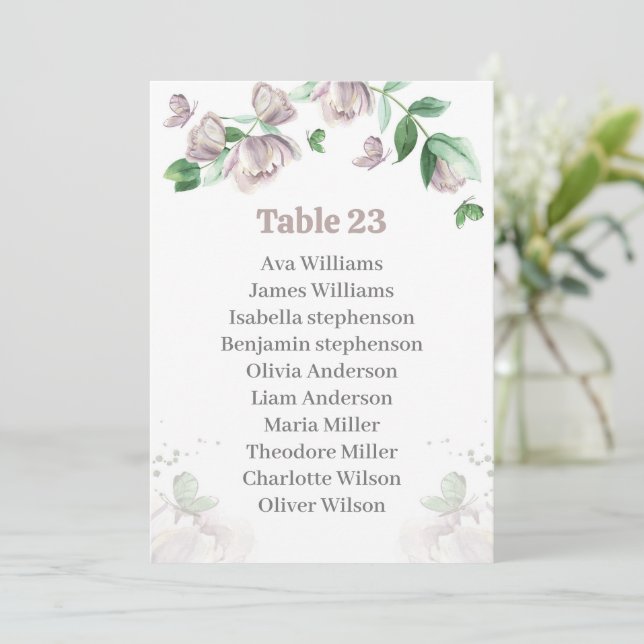 purple flowers butterflies seating chart card (Standing Front)