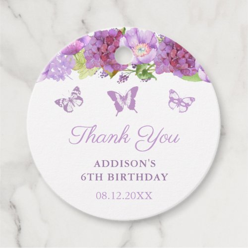  Purple Flowers Butterfly Birthday Party Favor Favor Tags - Thank you stickers for any event (shown here for a birthday party but all of the text fields are customizable). The design features lavender watercolor flowers, accompanied by purple butterflies.