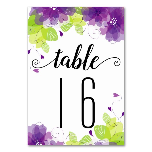 Purple flowers calligraphy flloral wedding table number (Front)
