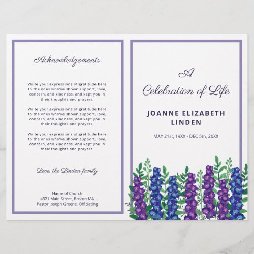 Purple Flowers Celebration of Life Funeral Program