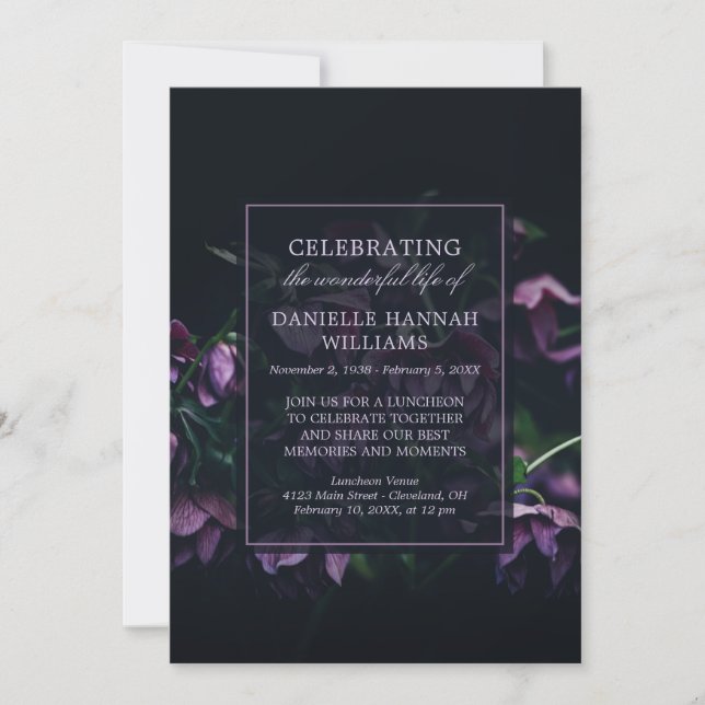 Purple Flowers - Celebration of Life Memorial Invitation (Front)
