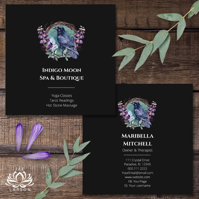 Purple Flowers Celestial Raven Crystals Wreath  Square Business Card (Creator Uploaded)