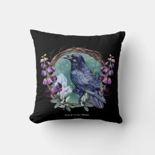 Purple Flowers Celestial Raven Crystals Wreath Throw Pillow