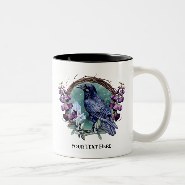 Purple Flowers Celestial Raven Crystals Wreath  Two-Tone Coffee Mug (Right)