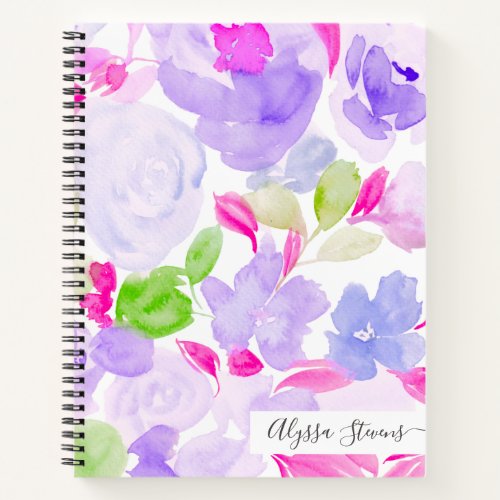 Purple flowers chic floral watercolor pattern notebook