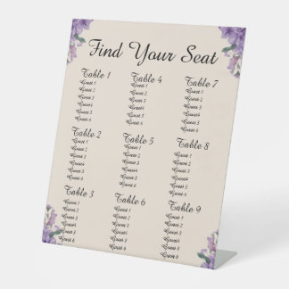 Purple Flowers Cream Find Your Seat Wedding  Pedestal Sign