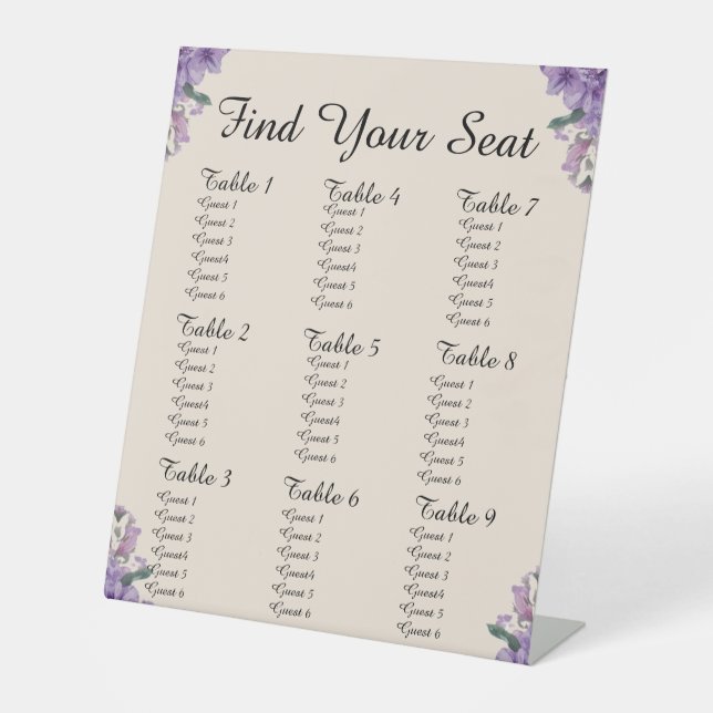 Purple Flowers Cream Find Your Seat Wedding  Pedestal Sign (Front)