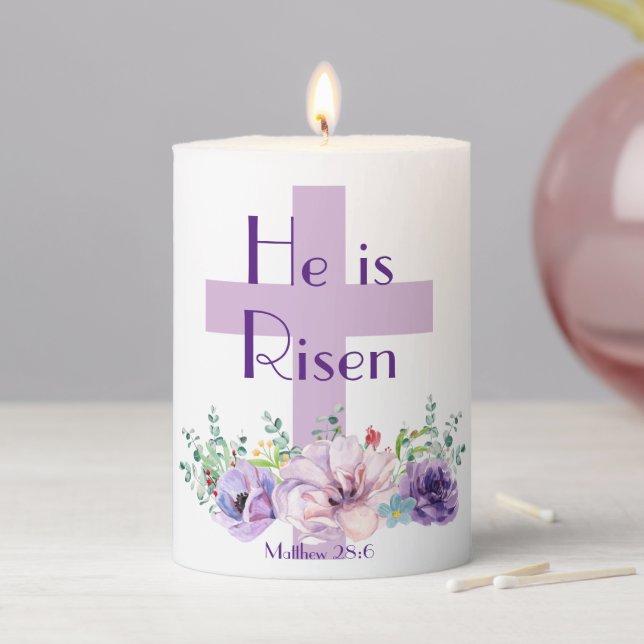 Purple Flowers Cross He is Risen Easter Religious Pillar Candle (In Situ)