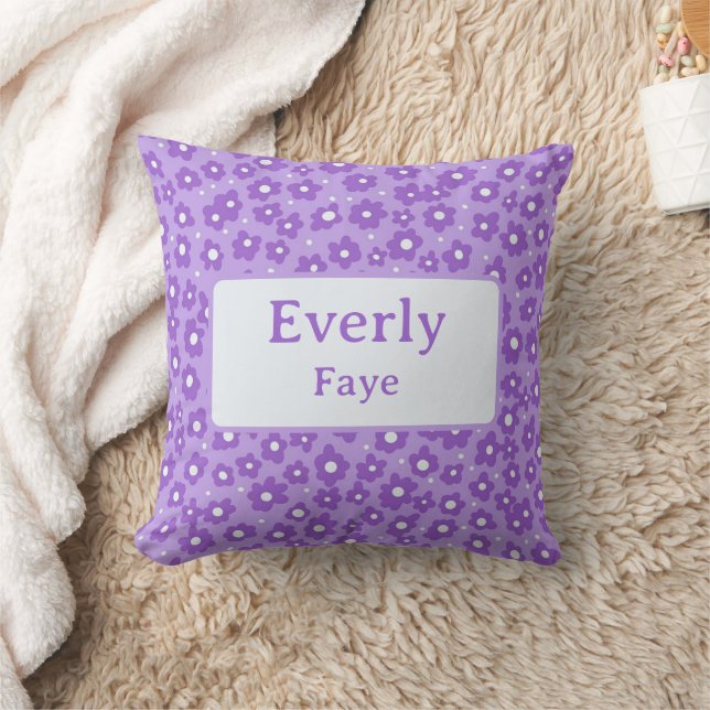 Purple Flowers Custom Name Kids Room Nursery Art Throw Pillow (Blanket)