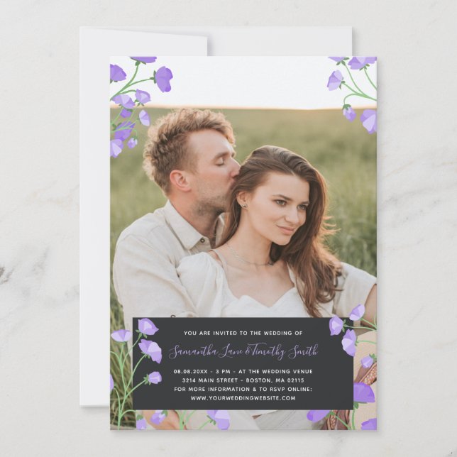 Purple Flowers Custom Photo Wedding Invitation (Front)