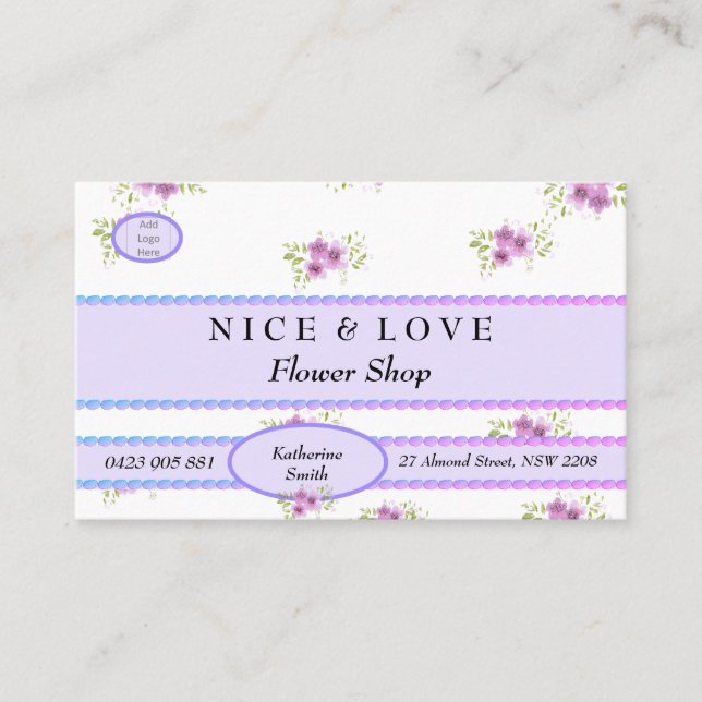 Purple Flowers Custom Shop Business Card (Front)