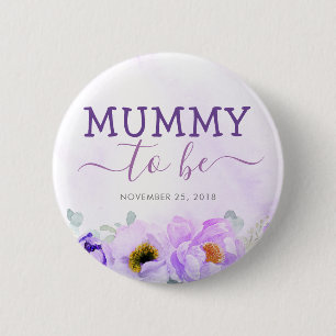 Purple Flowers Cute Mummy to Be Baby Shower Button