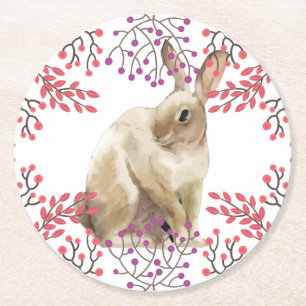 Purple Flowers Easter Bunny Round Paper Coaster