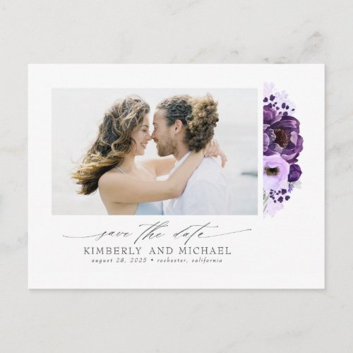 Purple Flowers Elegant Modern Save the Date Photo Announcement Postcard