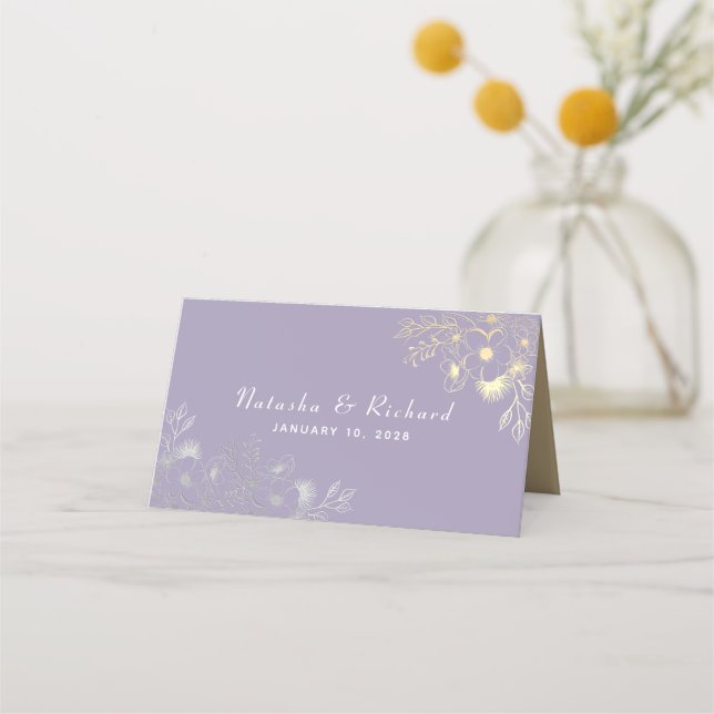 Purple Flowers Elegant Wedding Place Card (Back)