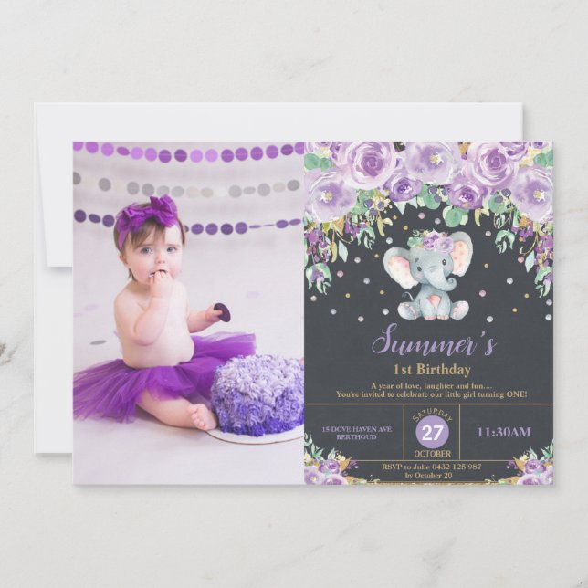 Purple Flowers Elephant 1st Birthday Girl Photo Invitation (Front)