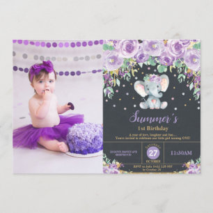Purple Flowers Elephant 1st Birthday Girl Photo Invitation