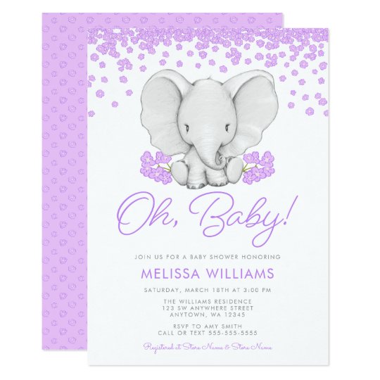 Purple Flowers Elephant Girl Baby Shower Invites Zazzle Com