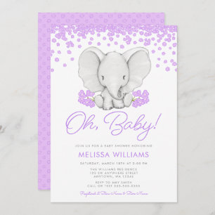 Purple Flowers Elephant Girl Baby Shower Invites