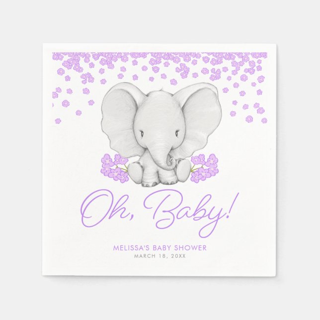 Purple Flowers Elephant Girl Baby Shower Napkins (Front)