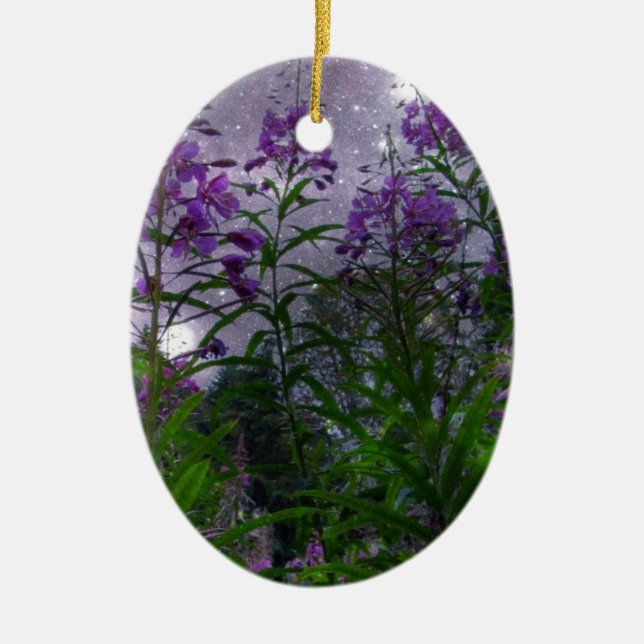 Purple Flowers Fantasy Night Ceramic Ornament (Front)