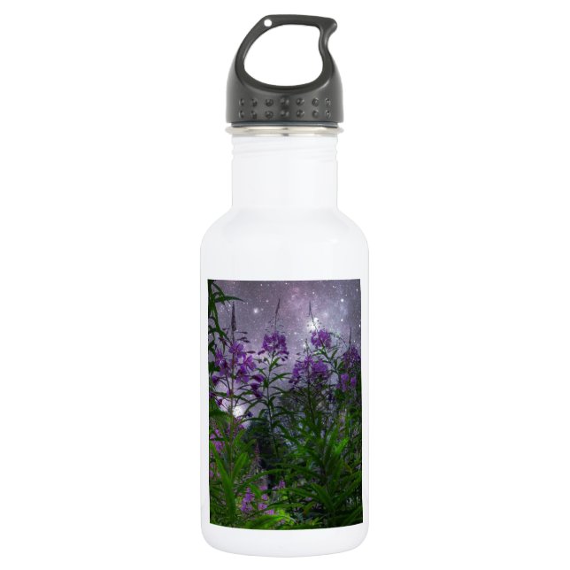 Purple Flowers Fantasy Night Water Bottle (Front)
