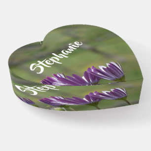 Purple Flowers Floral Heart Glass Paperweight