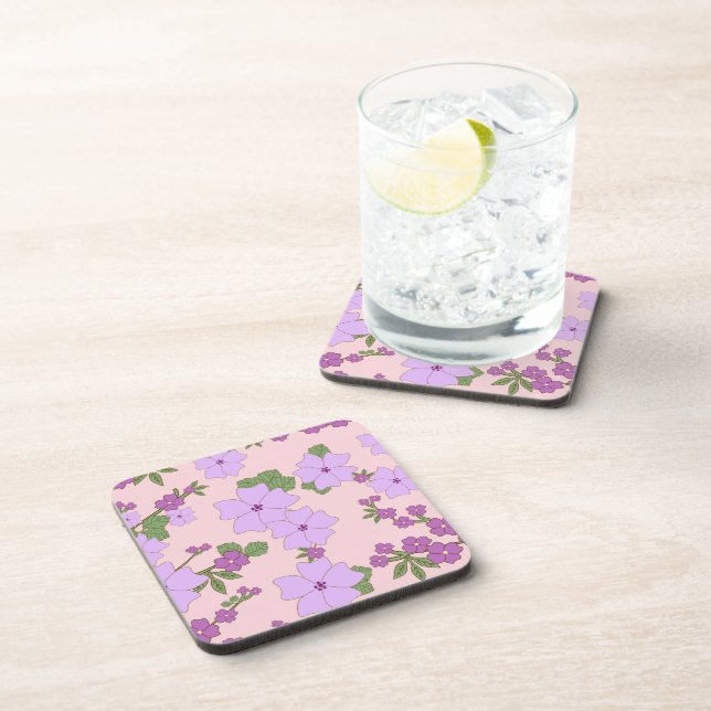 Purple Flowers, Floral Pattern, Pattern Of Flowers Beverage Coaster (Right Side)