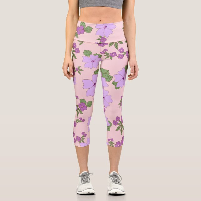 Purple Flowers, Floral Pattern, Pattern Of Flowers Capri Leggings (Front)