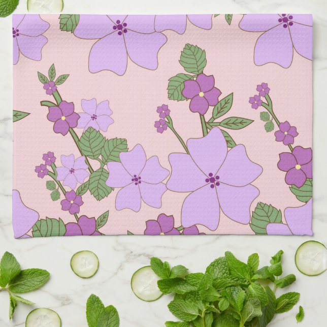 Purple Flowers, Floral Pattern, Pattern Of Flowers Kitchen Towel (Folded)